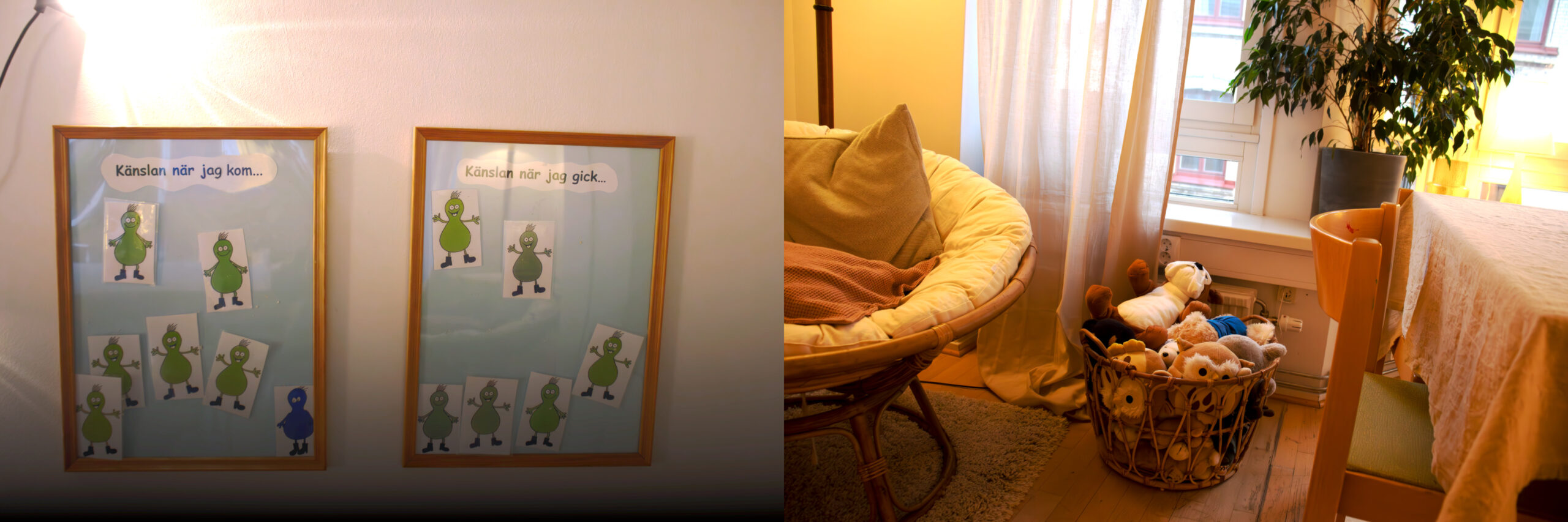 Vänstra bilden visar tavlorna barnen placerar sina figurer på för att beskriva sitt humör före och efter mötet. Den högra bilden är en dekorativ bild på mjukisdjuren.